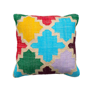 Boho Multicoloured handwoven upcycled cotton and sustainable jute square cushion in lattice pattern