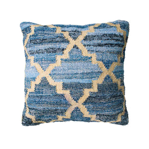 Hamptons style denim blue and sustainable jute square cushion in lattice pattern.