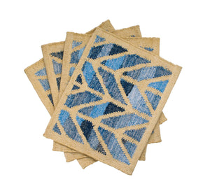  Coastal style upcycled denim blue and sustainable jute table runner in herringbone pattern.