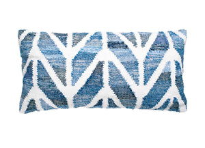 Coastal style upcycled denim blue and white cotton rectangle cushion in herringbone pattern.