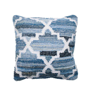 Hamptons style denim blue and white square cushion in lattice pattern.