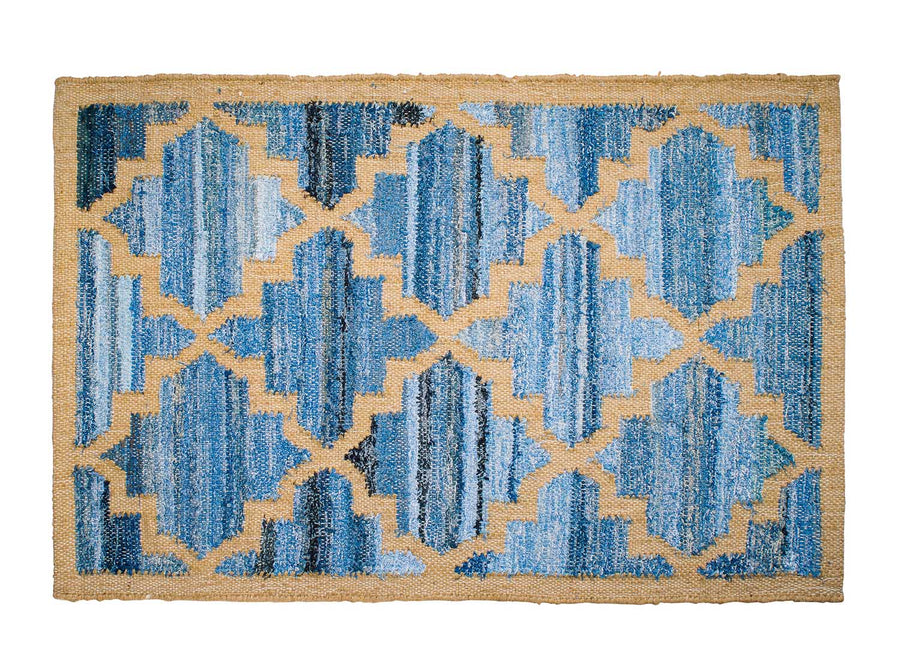 Hamptons style upcycled denim blue and sustainable dark jute door mat in lattice pattern.