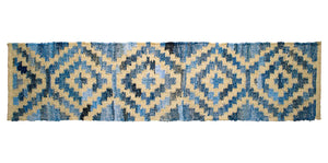 Coastal style upcycled denim blue and sustainable jute table runner in Aztec pattern.
