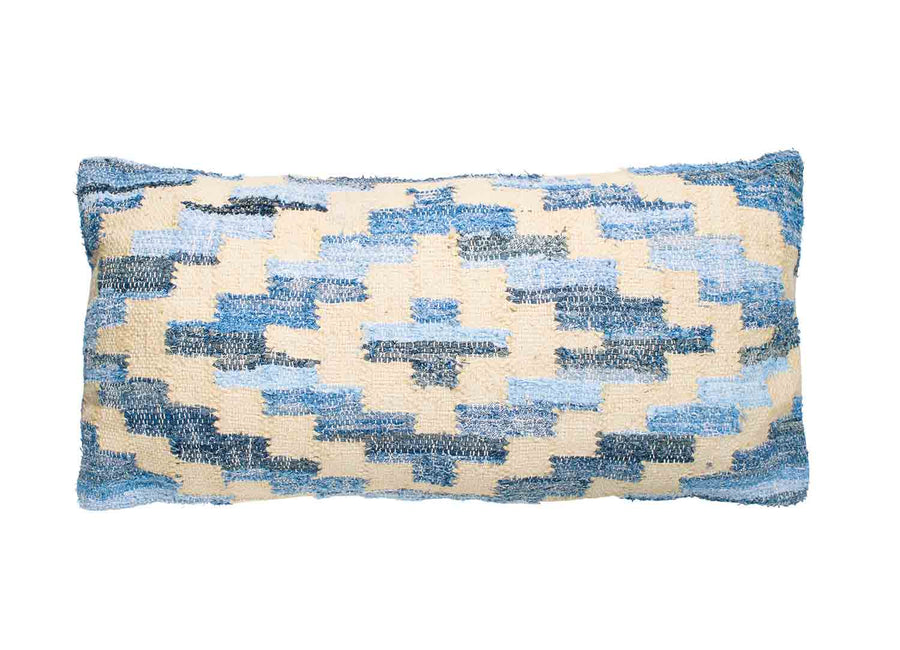 Coastal style denim blue and blonde jute rectangle cushion in Aztec pattern.