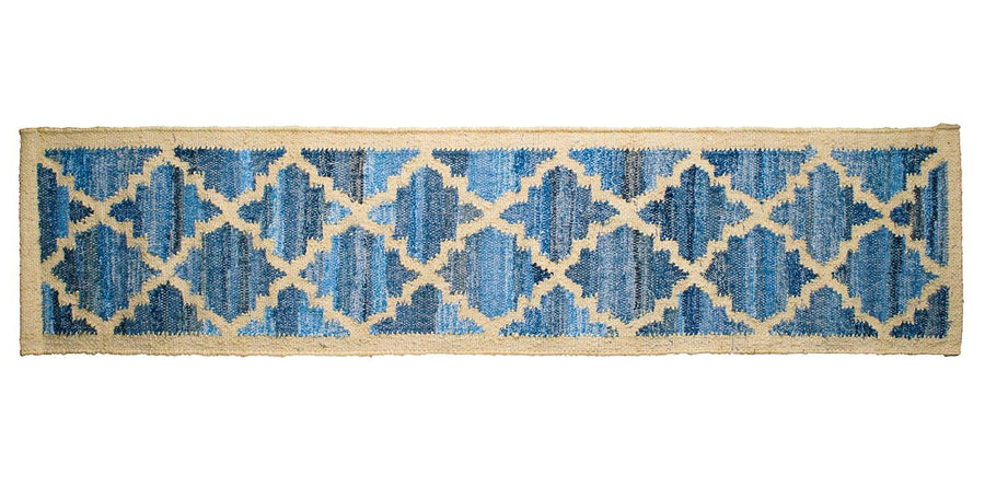 Hamptons style upcycled denim blue and sustainable jute table runner in lattice pattern.