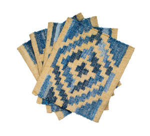 Coastal style upcycled denim blue and sustainable jute placemats in Aztec pattern.