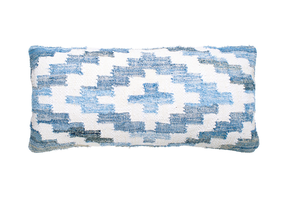 Coastal style denim blue and white rectangle cushion in Aztec pattern.