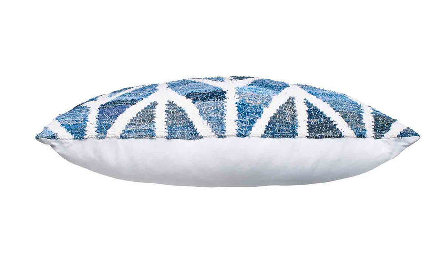 Coastal style upcycled denim blue and white cotton rectangle cushion in herringbone pattern.