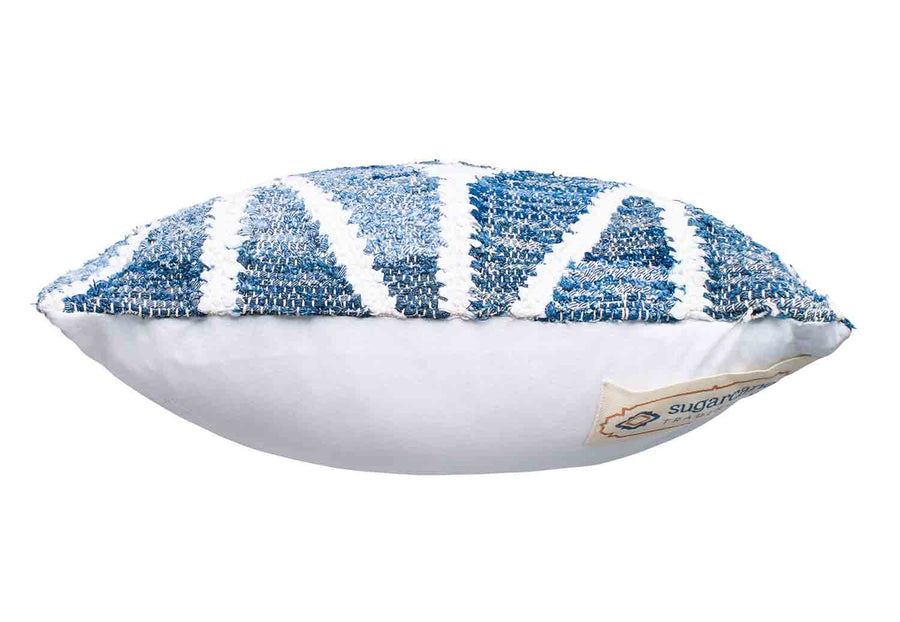 Coastal style upcycled denim blue and white cotton square cushion in herringbone pattern.