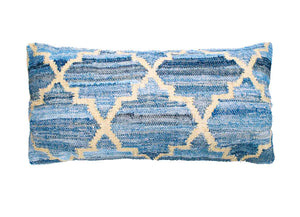 Hamptons style denim blue and sustainable jute rectangle cushion in lattice pattern.