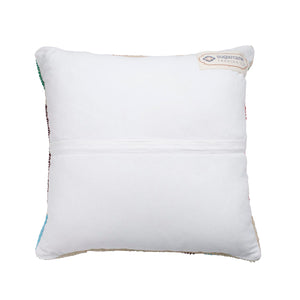 White cotton reverse side of boho multicoloured handwoven square cushion.