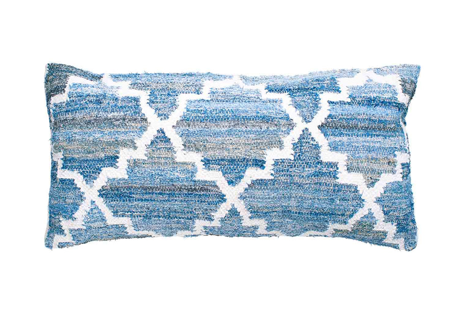 Hamptons style denim blue and white rectangle cushion in lattice pattern.