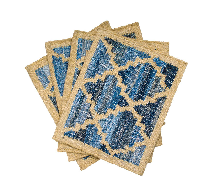 Hamptons style upcycled denim blue and sustainable jute set of placemats in lattice pattern.